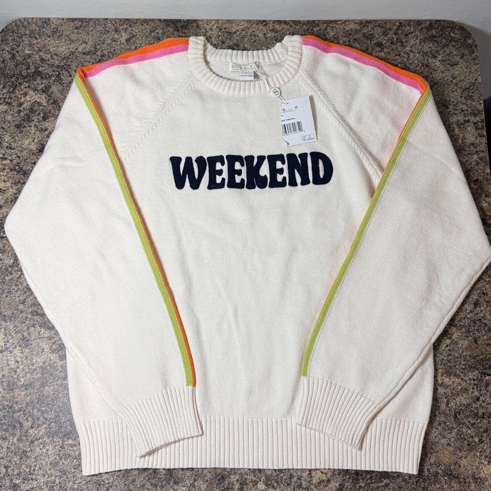Shiraleah Cream "WEEKEND" Pullover Sweater Retro Rainbow Sleeves Size L NWT! - Picture 4 of 16